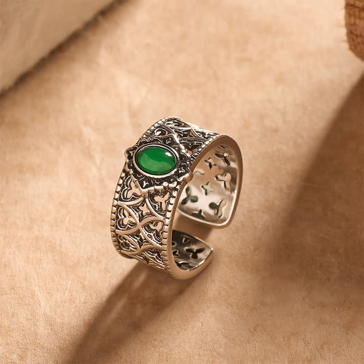 Buddha Stones Vintage-Ring mit grüner Achatwaage und Gravur - image 1