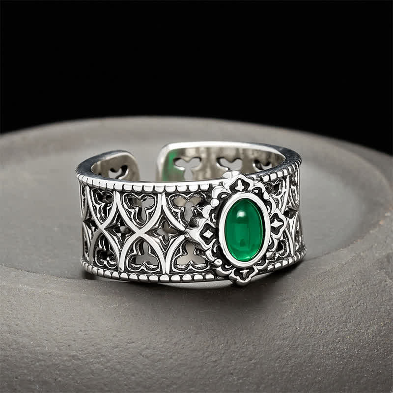 Buddha Stones Vintage-Ring mit grüner Achatwaage und Gravur - Ca. 18-20 mm (US 8-US 10) - image 0