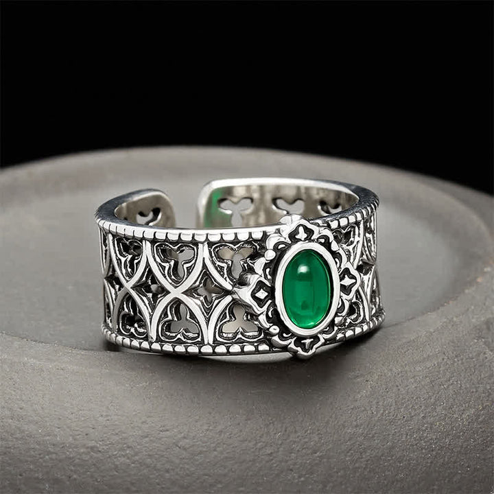 Buddha Stones Vintage-Ring mit grüner Achatwaage und Gravur - Ca. 18-20 mm (US 8-US 10) - image 0