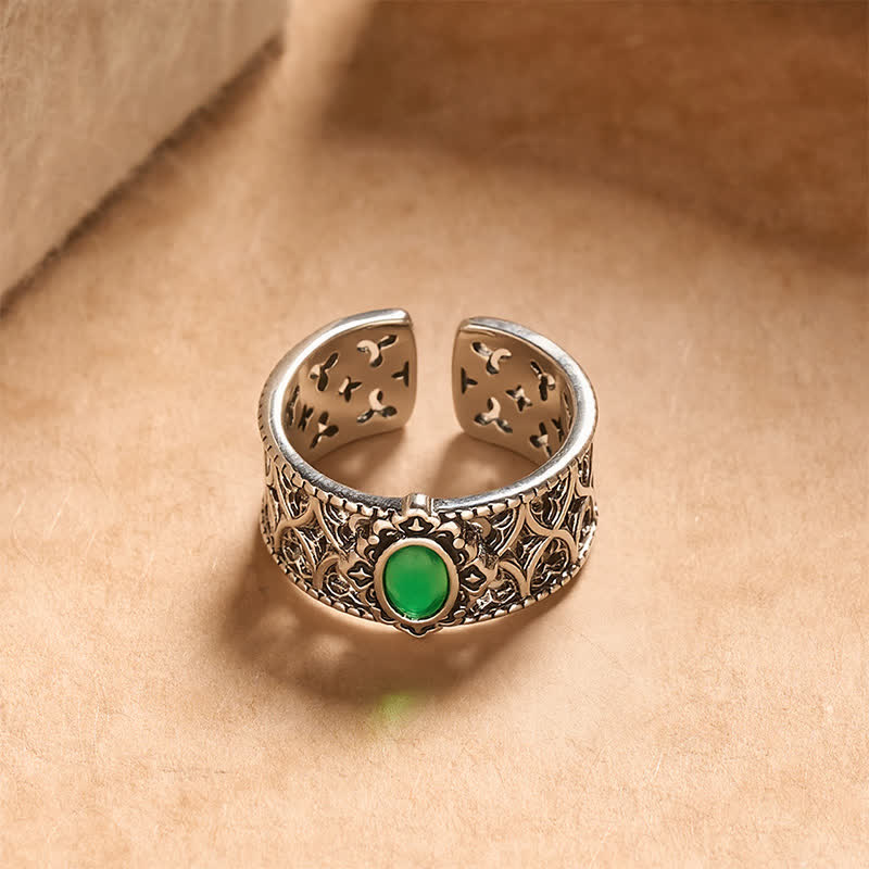 Buddha Stones Vintage-Ring mit grüner Achatwaage und Gravur - image 2