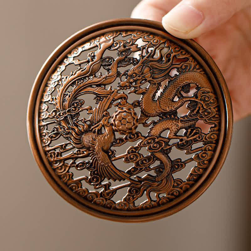 Buddha Stones Pfirsichholz Drachen-Phönix Schutz Quadratische Räuchergefäße - image 12