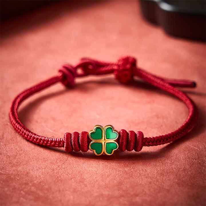 Buddha Stones Handgewebtes rotes Seilarmband mit herzförmigem grünem vierblättrigem Kleeblatt – Glücksarmband - image 11