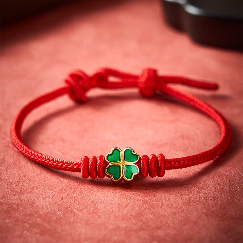 Buddha Stones Handgewebtes rotes Seilarmband mit herzförmigem grünem vierblättrigem Kleeblatt – Glücksarmband - image 3