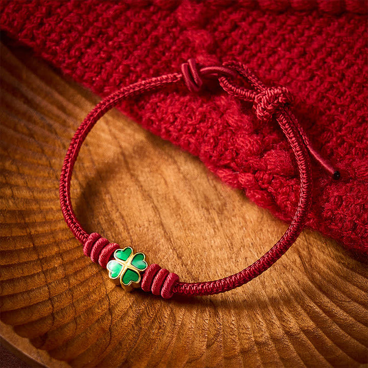 Buddha Stones Handgewebtes rotes Seilarmband mit herzförmigem grünem vierblättrigem Kleeblatt – Glücksarmband - image 10