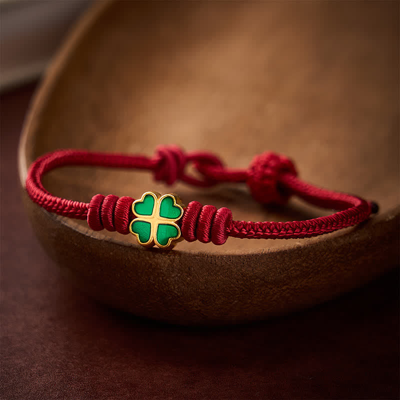 Buddha Stones Handgewebtes rotes Seilarmband mit herzförmigem grünem vierblättrigem Kleeblatt – Glücksarmband - image 12