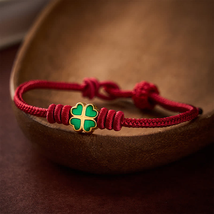 Buddha Stones Handgewebtes rotes Seilarmband mit herzförmigem grünem vierblättrigem Kleeblatt – Glücksarmband - image 12