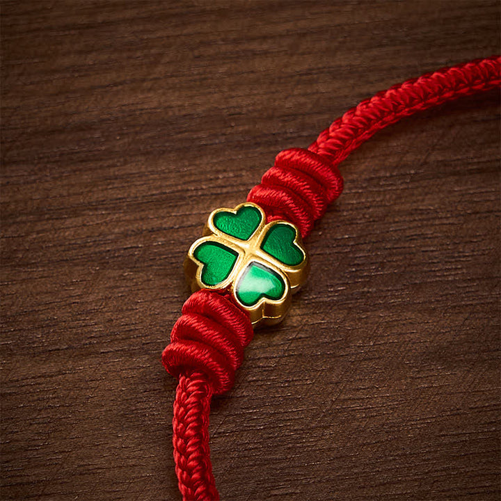 Buddha Stones Handgewebtes rotes Seilarmband mit herzförmigem grünem vierblättrigem Kleeblatt – Glücksarmband - image 4