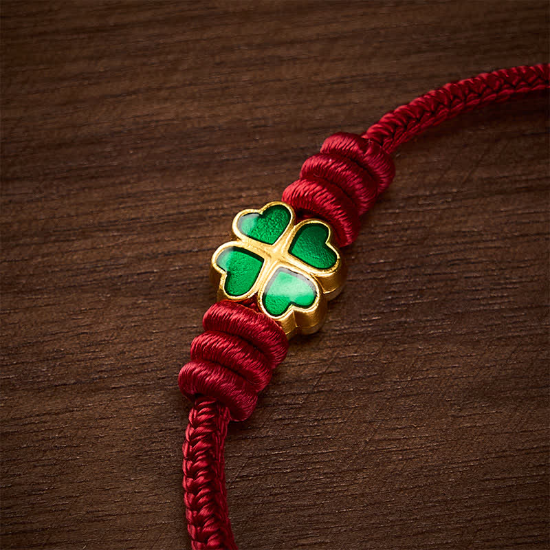 Buddha Stones Handgewebtes rotes Seilarmband mit herzförmigem grünem vierblättrigem Kleeblatt – Glücksarmband - image 13