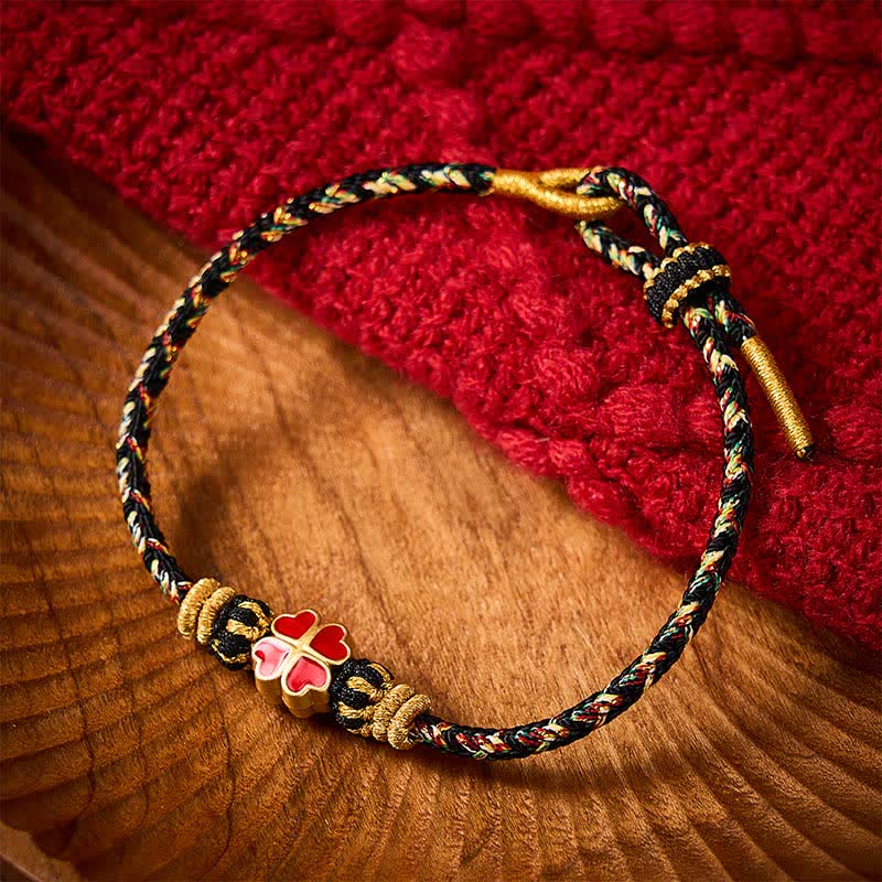 Buddha Stones Handgewebtes Armband aus Seil in Herzform mit rotem vierblättrigem Kleeblatt und Heilwirkung - image 2