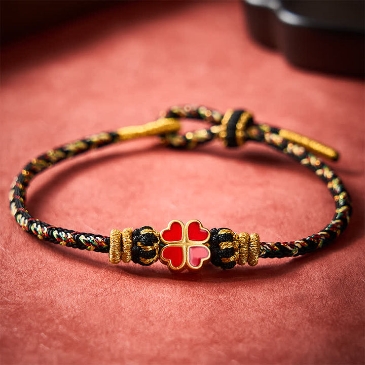 Buddha Stones Handgewebtes Armband aus Seil in Herzform mit rotem vierblättrigem Kleeblatt und Heilwirkung - image 3