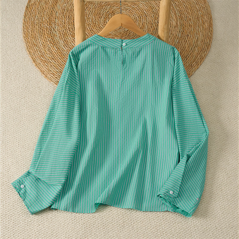 Buddha Stones Lässiges, minimalistisches Damen-Langarmshirt mit grünen Streifen und Rundhalsausschnitt für den Frühling - image 1