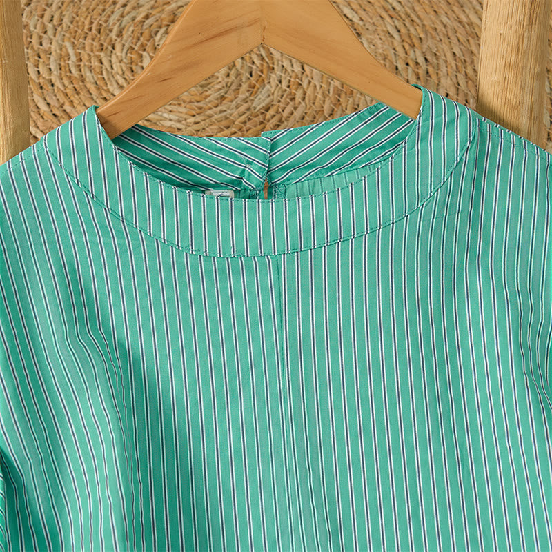 Buddha Stones Lässiges, minimalistisches Damen-Langarmshirt mit grünen Streifen und Rundhalsausschnitt für den Frühling - image 2