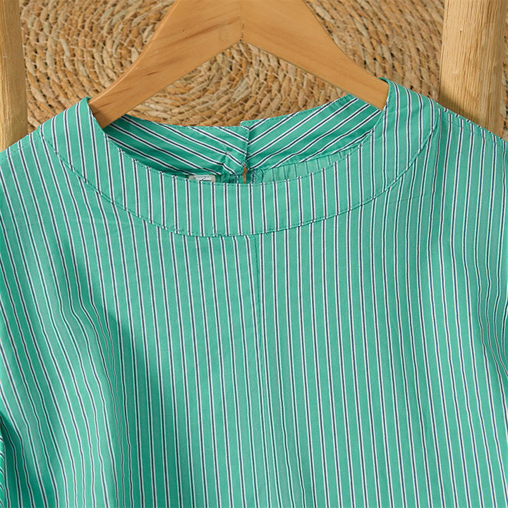 Buddha Stones Lässiges, minimalistisches Damen-Langarmshirt mit grünen Streifen und Rundhalsausschnitt für den Frühling - image 2