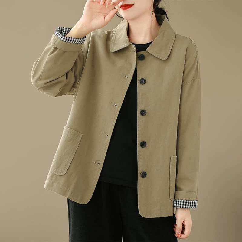 Buddha Stones Lässige, minimalistische Damenjacke mit Knopfleiste und Taschen für Frühling und Herbst - image 2
