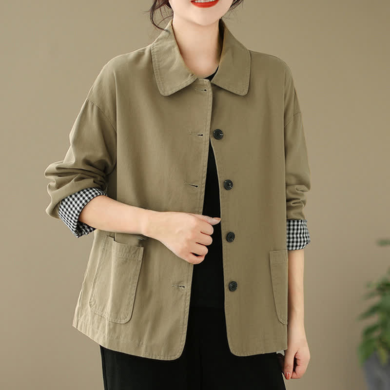 Buddha Stones Lässige, minimalistische Damenjacke mit Knopfleiste und Taschen für Frühling und Herbst - Dunkelkhaki - US8-10, UK/AU12-14, EU40-42 (2XL) - image 0