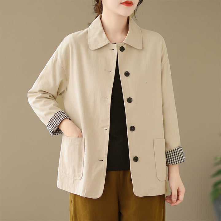 Buddha Stones Lässige, minimalistische Damenjacke mit Knopfleiste und Taschen für Frühling und Herbst - Beige - US8-10, UK/AU12-14, EU40-42 (2XL) - image 19