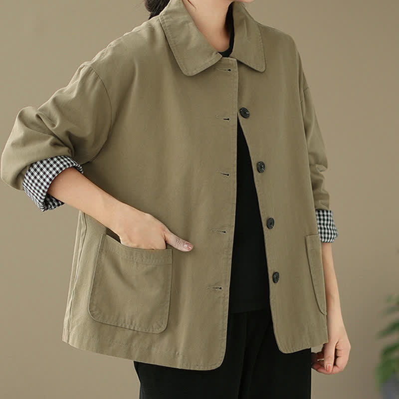 Buddha Stones Lässige, minimalistische Damenjacke mit Knopfleiste und Taschen für Frühling und Herbst - image 1