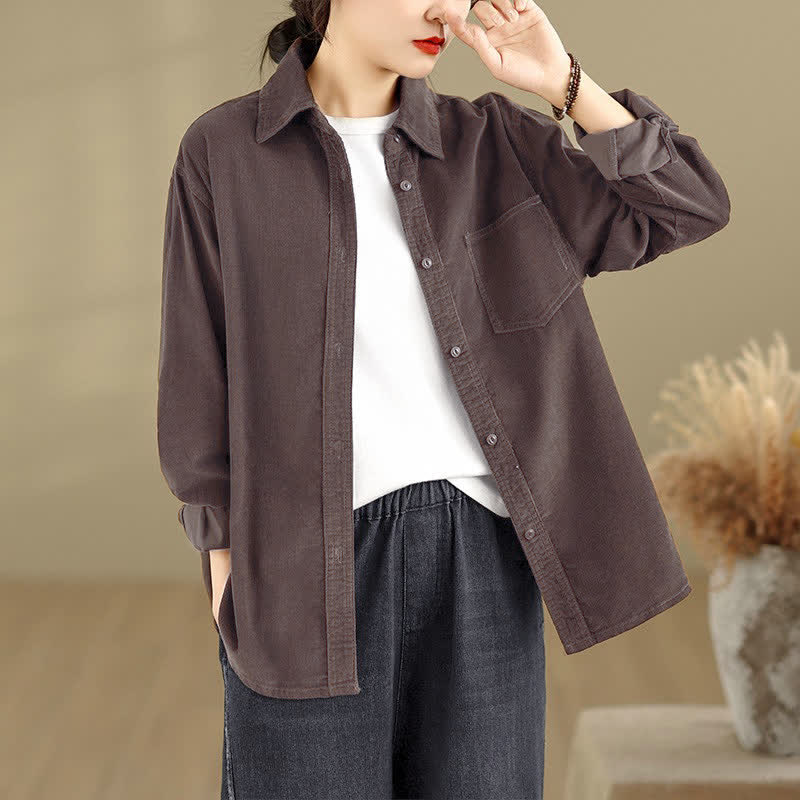 Buddha Stones Lässige Vintage-Damenjacke aus einfarbigem Cord mit Knopfleiste und Taschen für Herbst und Winter - image 1
