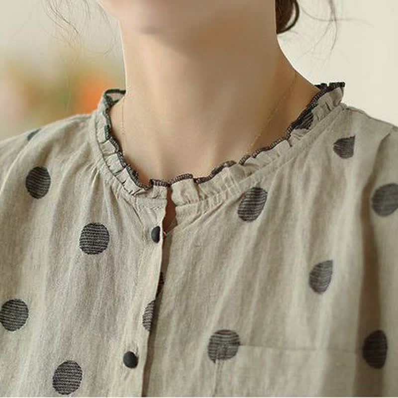 Buddha Stones Lässige Vintage-Damenbluse mit Knopfleiste, Polka-Dots und Tasche für Frühling und Herbst - image 7