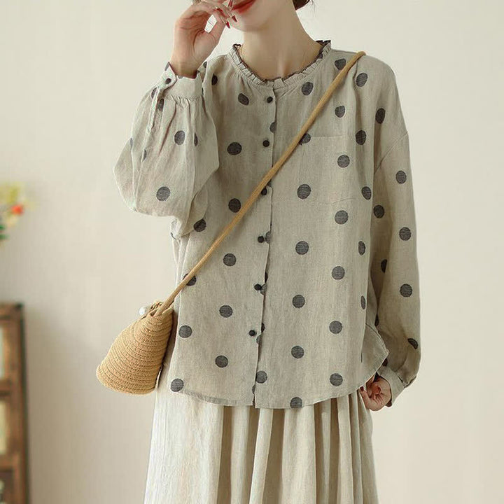 Buddha Stones Lässige Vintage-Damenbluse mit Knopfleiste, Polka-Dots und Tasche für Frühling und Herbst - image 1