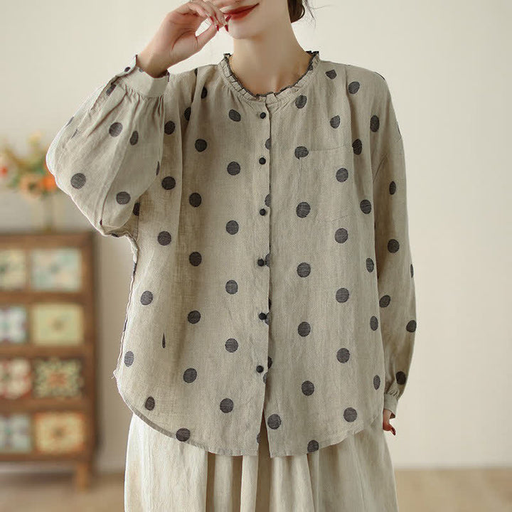 Buddha Stones Lässige Vintage-Damenbluse mit Knopfleiste, Polka-Dots und Tasche für Frühling und Herbst - image 2