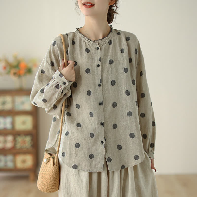 Buddha Stones Lässige Vintage-Damenbluse mit Knopfleiste, Polka-Dots und Tasche für Frühling und Herbst - Beige - US8-10, UK/AU12-14, EU40-42 (2XL) - image 0
