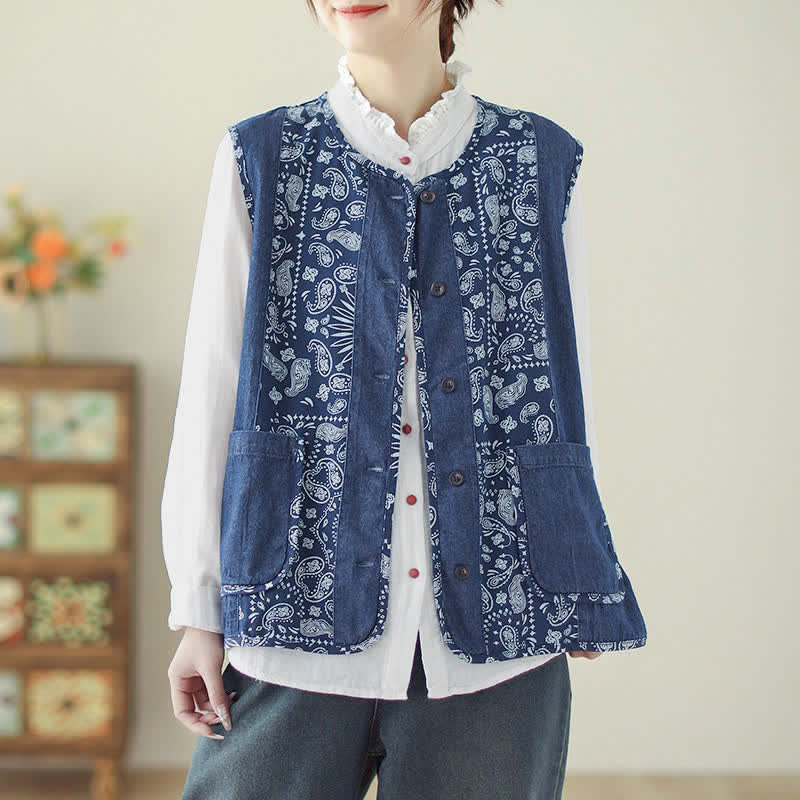 Buddha Stones Vintage Boho Tanktop mit Knopfleiste, Blumenmuster und Tasche für Damen – ideal für Frühling und Herbst. - image 1