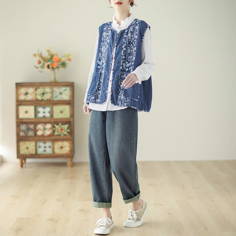 Buddha Stones Vintage Boho Tanktop mit Knopfleiste, Blumenmuster und Tasche für Damen – ideal für Frühling und Herbst. - image 4