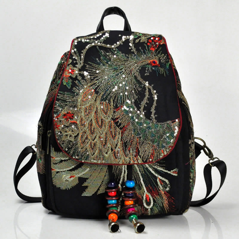 Rucksack aus Segeltuch mit Pfauenstickerei und Quasten - image 1