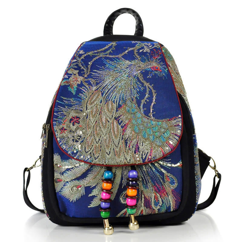 Rucksack aus Segeltuch mit Pfauenstickerei und Quasten - Dunkelblauer Pfau - image 17