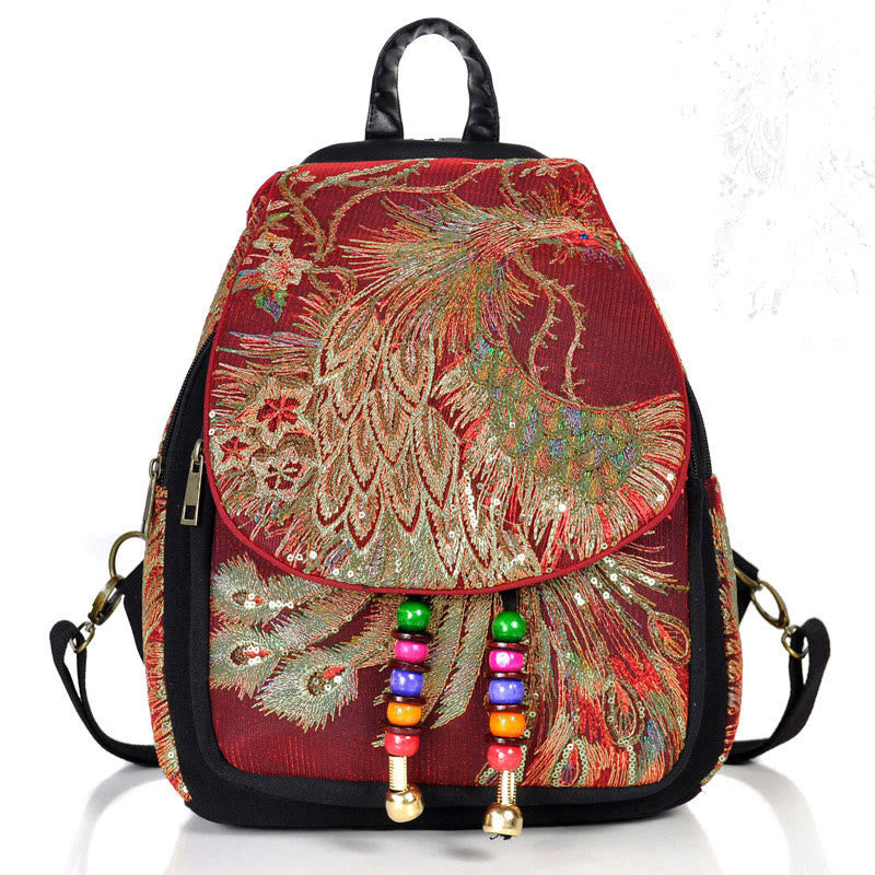 Rucksack aus Segeltuch mit Pfauenstickerei und Quasten - Weinroter Pfau - image 18