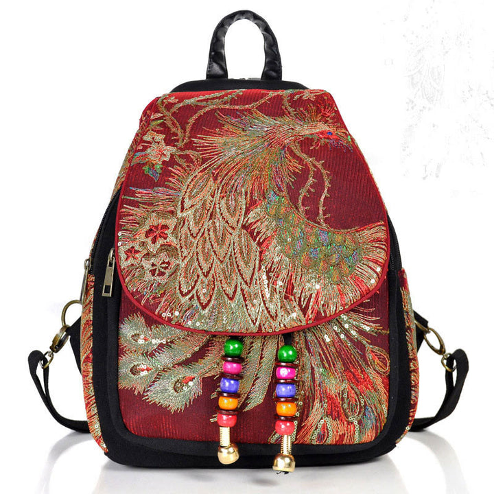Rucksack aus Segeltuch mit Pfauenstickerei und Quasten - Weinroter Pfau - image 18