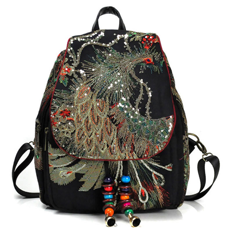Rucksack aus Segeltuch mit Pfauenstickerei und Quasten - Schwarzer Pfau - image 0