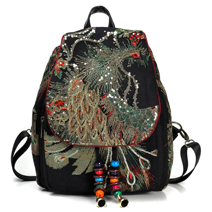 Rucksack aus Segeltuch mit Pfauenstickerei und Quasten - Schwarzer Pfau - image 0