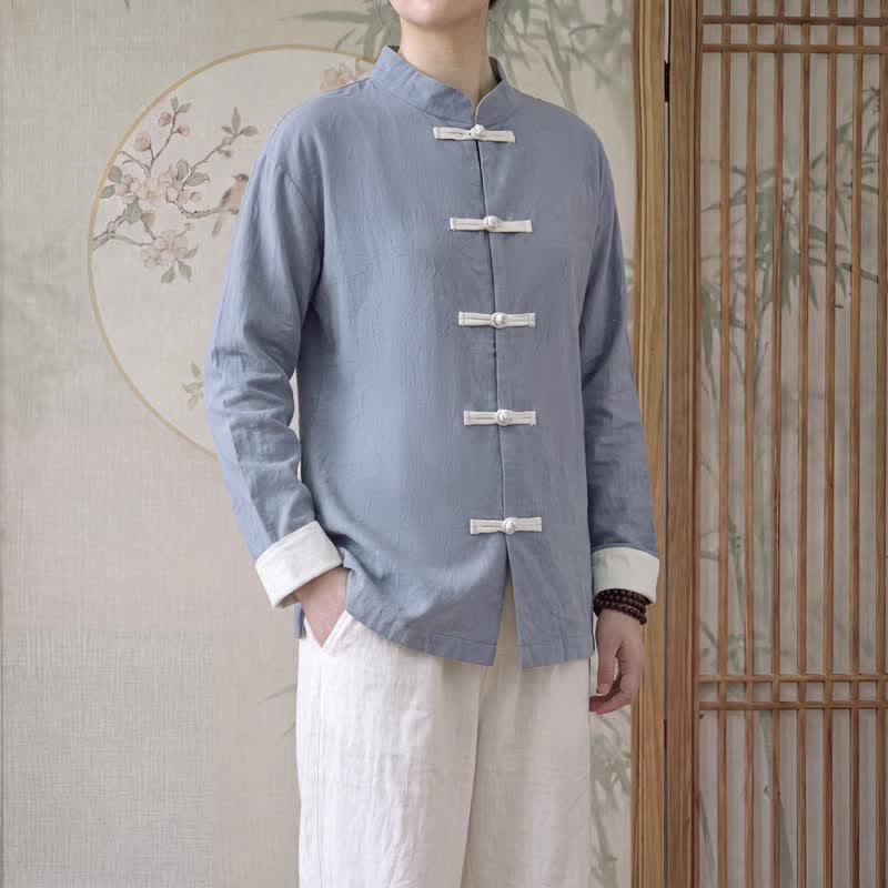 Buddha Stones Frühling Herbst Tang Style Minimalist Mandarin Collar Frog Button Solid Cotton Damen Langarmhemden - Hellschiefergrau - US16, UK/AU20, EU48 (5XL) - image 2