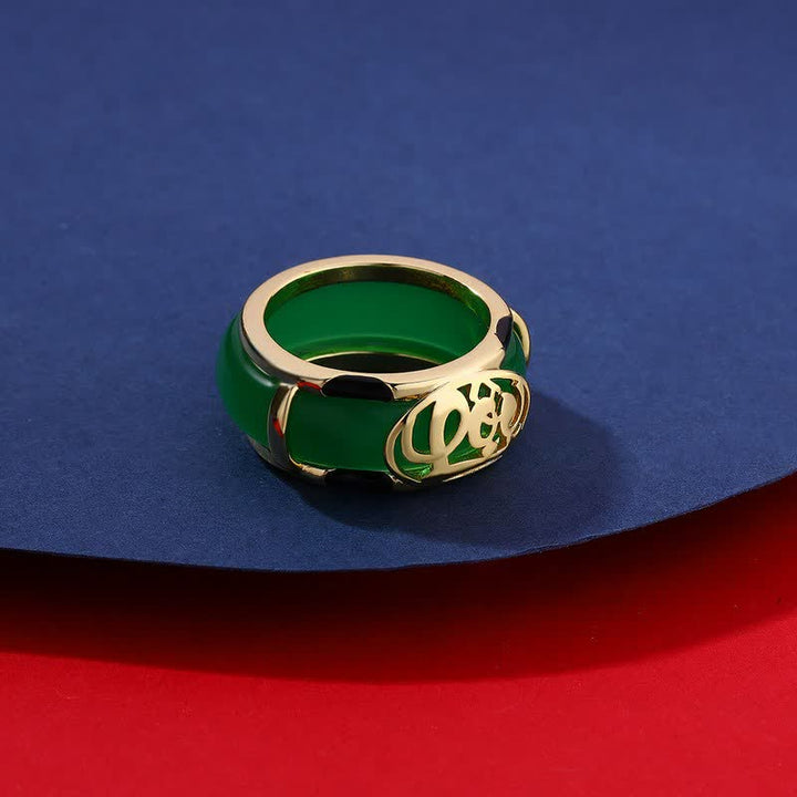 Buddha Stones Vintage Ring aus grünem Jade mit Fu-Zeichenmuster - image 3