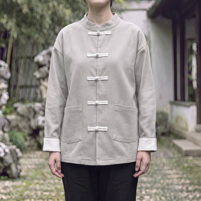 Buddha Stones Herbst/Winter-Damenjacke im Vintage-Stil mit Stehkragen, Froschknopfleiste und Tasche - Gainsboro - US16, UK/AU20, EU48 (5XL) - image 9