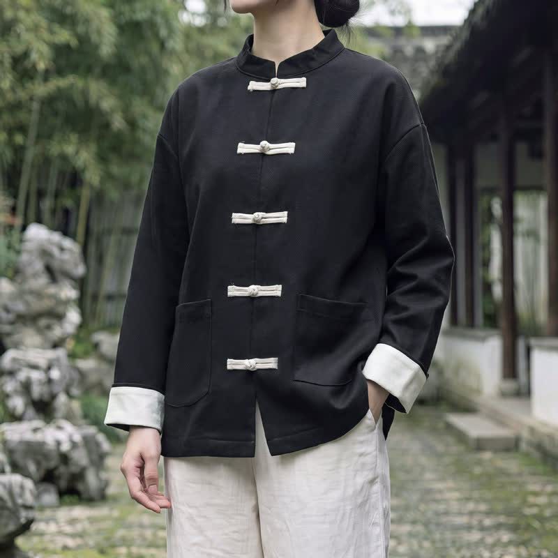 Buddha Stones Herbst/Winter-Damenjacke im Vintage-Stil mit Stehkragen, Froschknopfleiste und Tasche - Schwarz - US16, UK/AU20, EU48 (5XL) - image 6