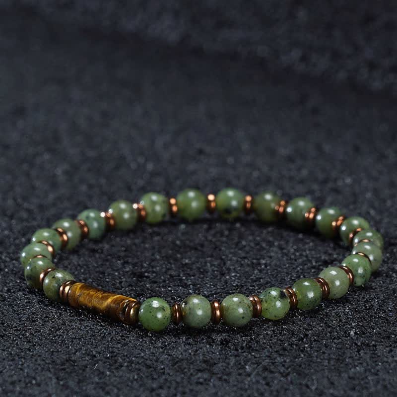 Buddha Stones Armband aus grünem Moosachat mit runden Perlen und Tigerauge-Akzenten - Moosachat & Tigerauge (Handgelenkumfang: 16–17 cm) - image 0