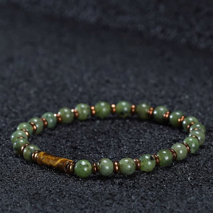 Buddha Stones Armband aus grünem Moosachat mit runden Perlen und Tigerauge-Akzenten - Moosachat & Tigerauge (Handgelenkumfang: 16–17 cm) - image 0
