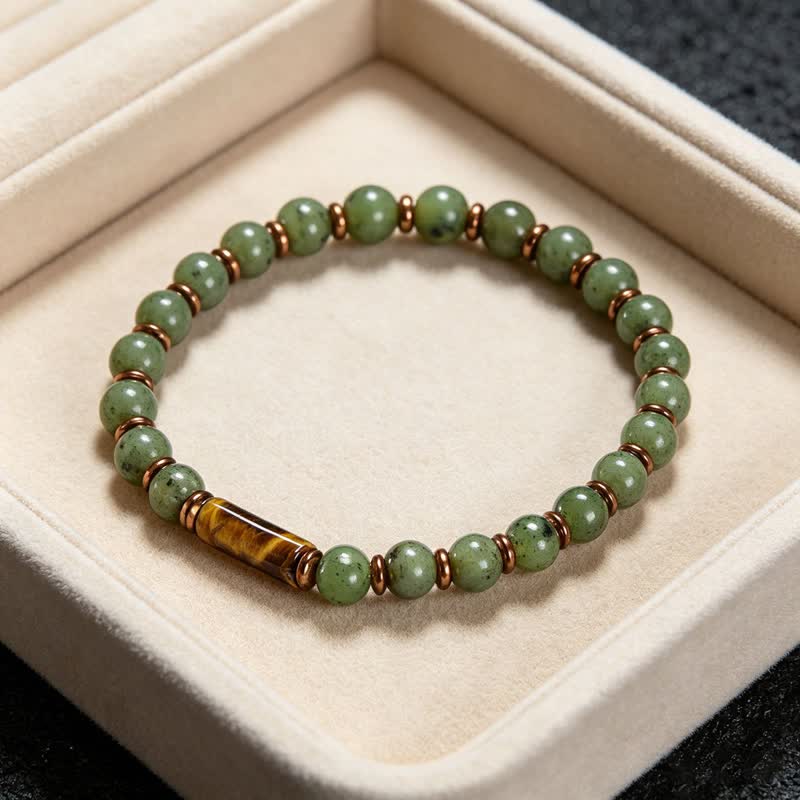 Buddha Stones Armband aus grünem Moosachat mit runden Perlen und Tigerauge-Akzenten - image 1