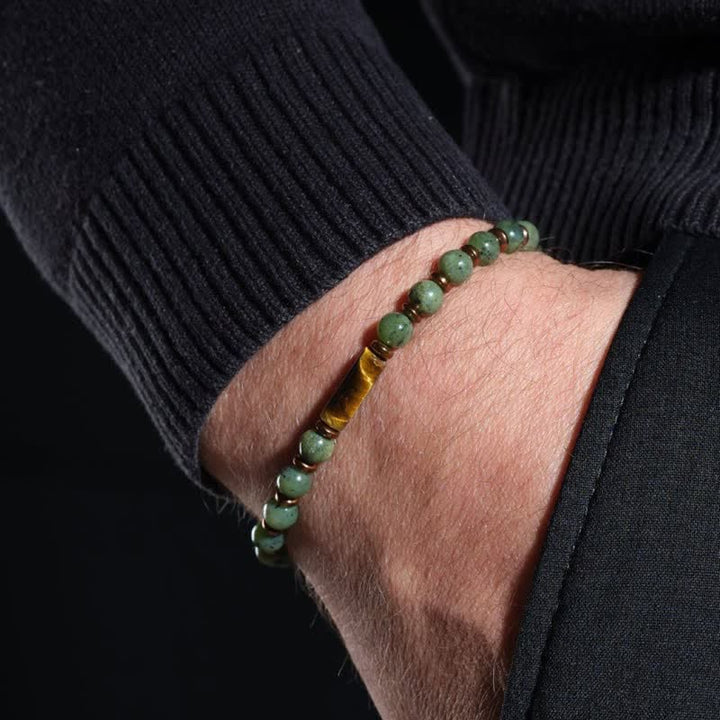 Buddha Stones Armband aus grünem Moosachat mit runden Perlen und Tigerauge-Akzenten - image 2