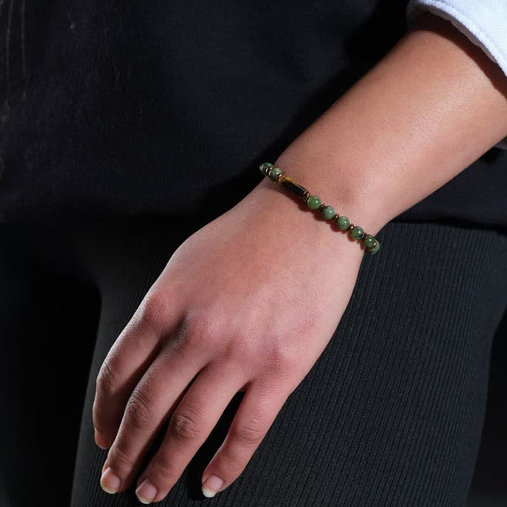 Buddha Stones Armband aus grünem Moosachat mit runden Perlen und Tigerauge-Akzenten - image 3