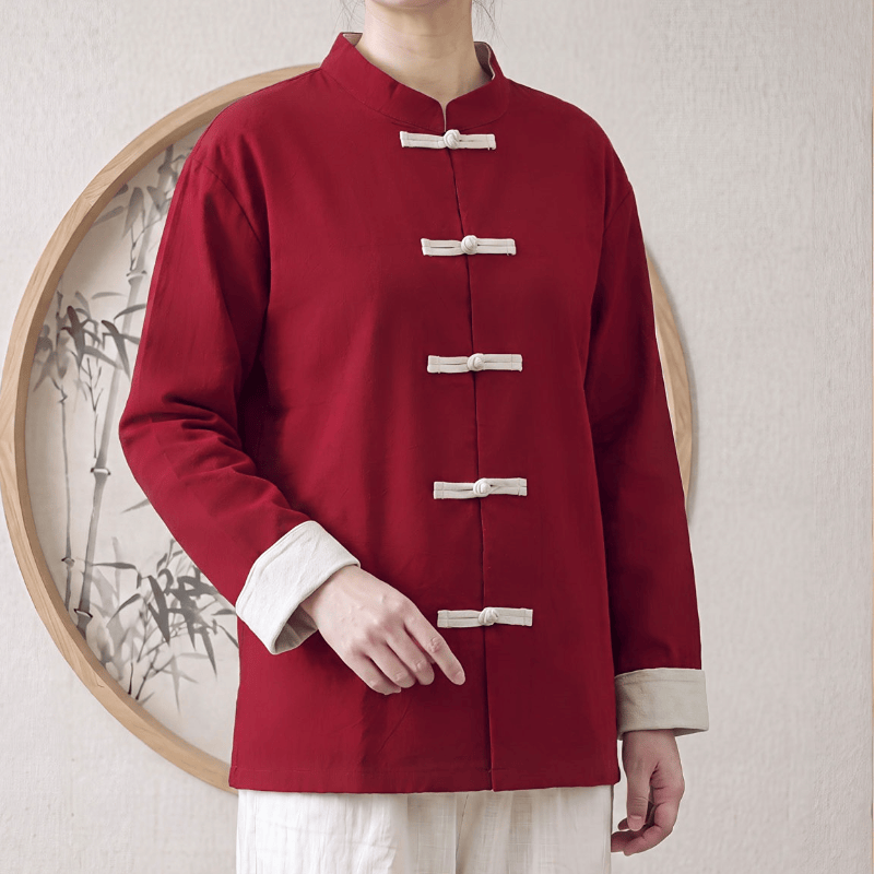 Buddha Stones Frühling Herbst Tang Style Minimalist Mandarin Collar Frog Button Solid Cotton Damen Langarmhemden - Feuerfestziegel - US16, UK/AU20, EU48 (5XL) - image 8