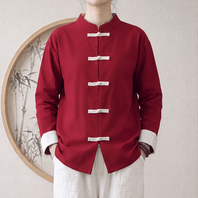 Buddha Stones Frühling Herbst Tang Style Minimalist Mandarin Collar Frog Button Solid Cotton Damen Langarmhemden - image 9