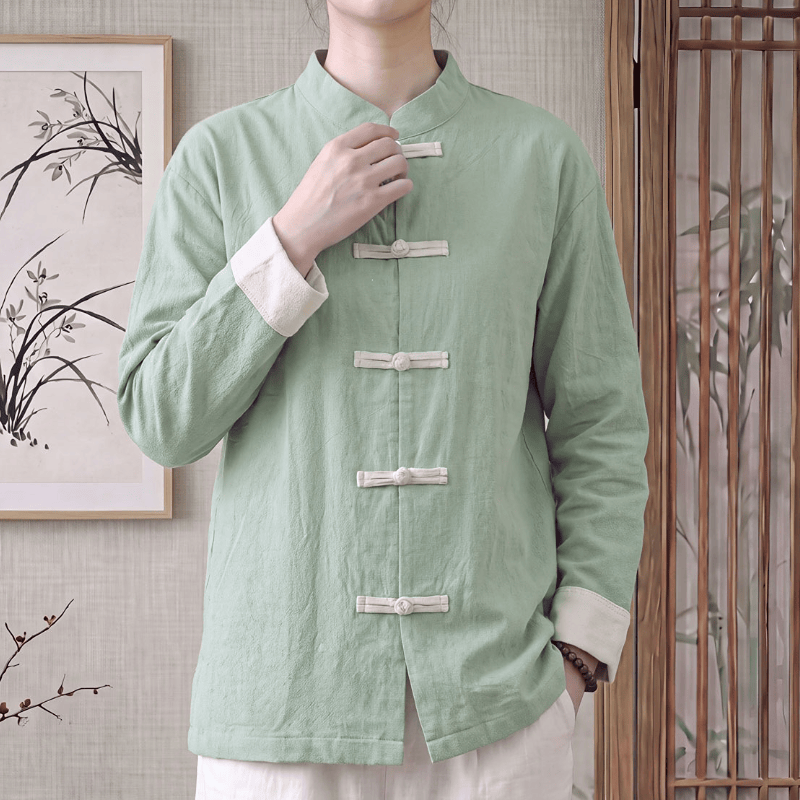 Buddha Stones Frühling Herbst Tang Style Minimalist Mandarin Collar Frog Button Solid Cotton Damen Langarmhemden - image 1