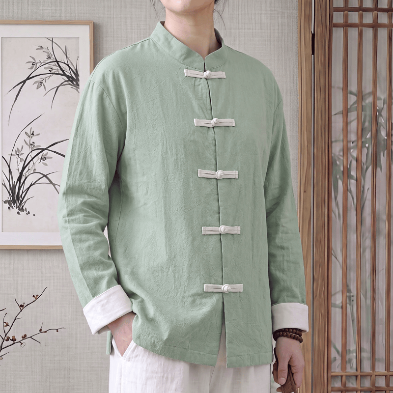 Buddha Stones Frühling Herbst Tang Style Minimalist Mandarin Collar Frog Button Solid Cotton Damen Langarmhemden - Hellgrün - US16, UK/AU20, EU48 (5XL) - image 0