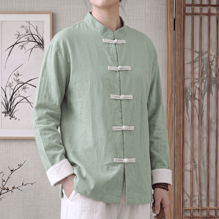 Buddha Stones Frühling Herbst Tang Style Minimalist Mandarin Collar Frog Button Solid Cotton Damen Langarmhemden - Hellgrün - US16, UK/AU20, EU48 (5XL) - image 0