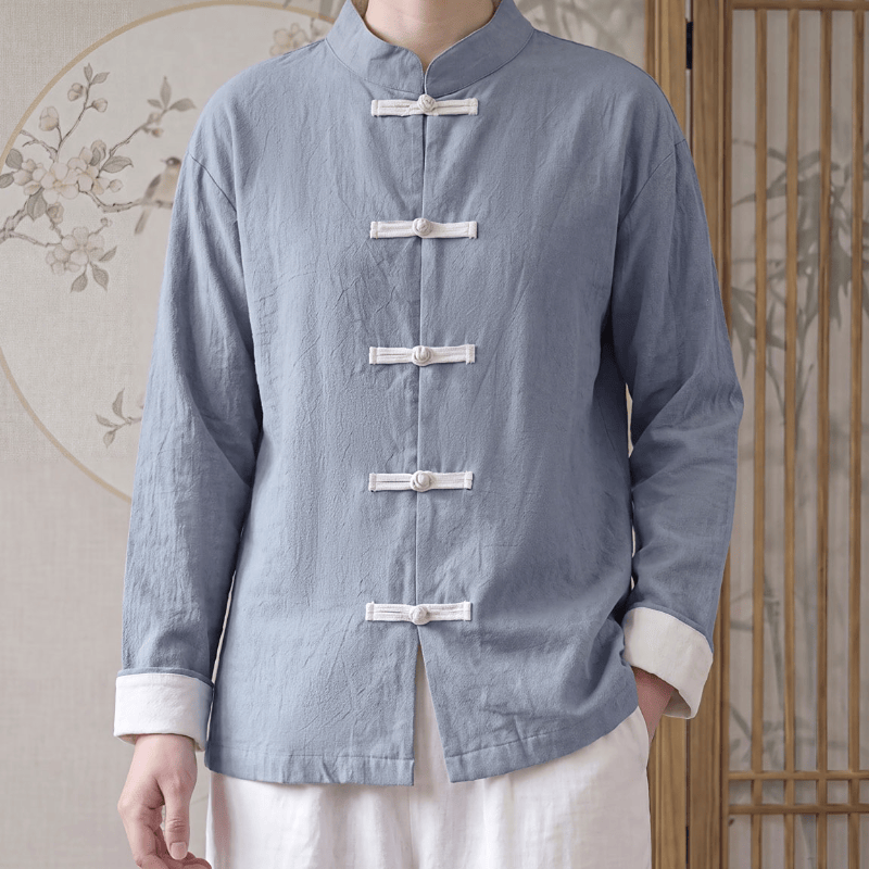 Buddha Stones Frühling Herbst Tang Style Minimalist Mandarin Collar Frog Button Solid Cotton Damen Langarmhemden - image 3