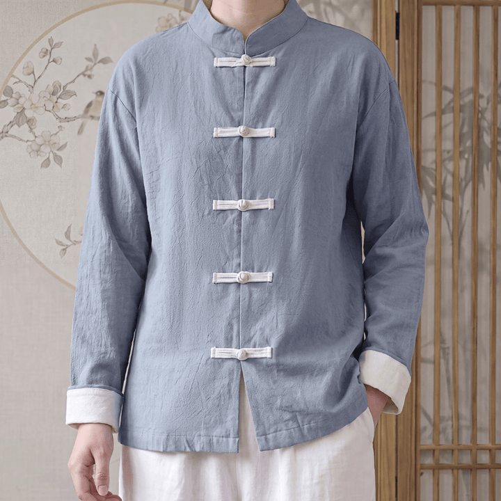 Buddha Stones Frühling Herbst Tang Style Minimalist Mandarin Collar Frog Button Solid Cotton Damen Langarmhemden - image 3